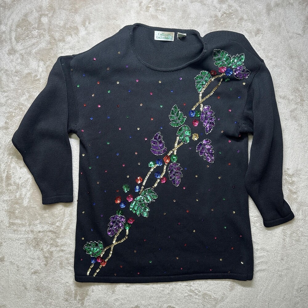 Colleen's Collectables Sweater Womens Large Black Sequin Beaded Floral Ramie